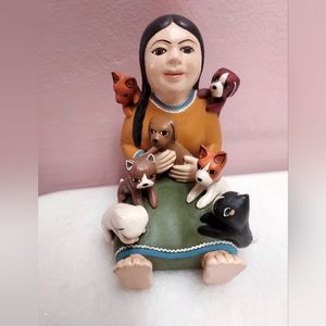 Terracotta StoryTeller with Dogs Figurine Peruvian Folk Art.